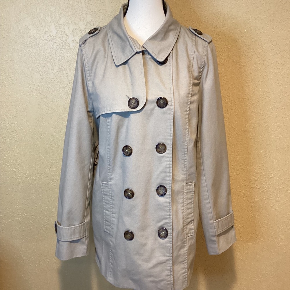 Forever Flower Clothing Company Double Breast Tan Short Trench Coat,‎ Size Large